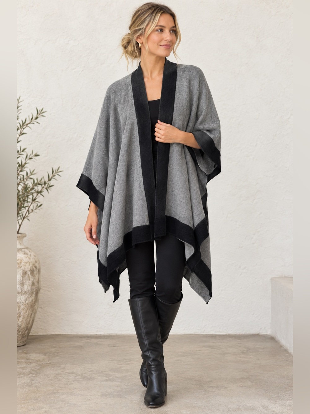 Dillard's Reversible Knit Poncho Sweater Cape Grey Black One Size NWT